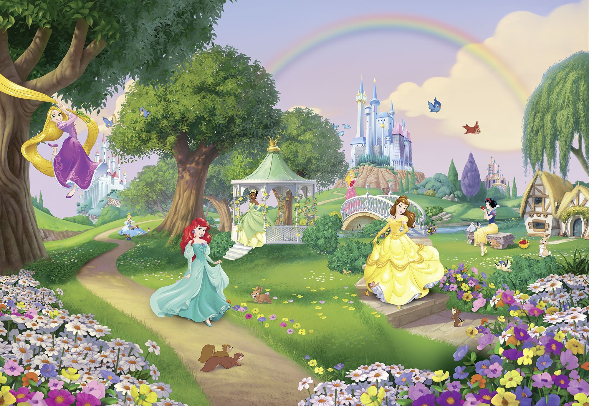 Сады принцессы. Фотообои "Disney Princess Park". Фотообои Komar Disney. Фотообои Komar принцессы. Обои Komar Дисней принцесса Рапунцель.