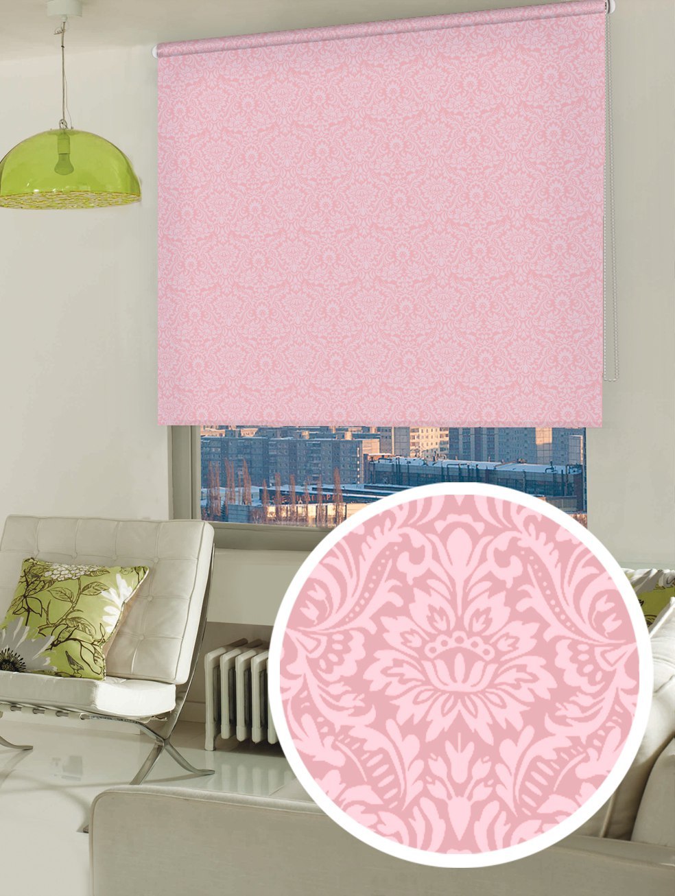 розовые рулонные шторы в интерьере
